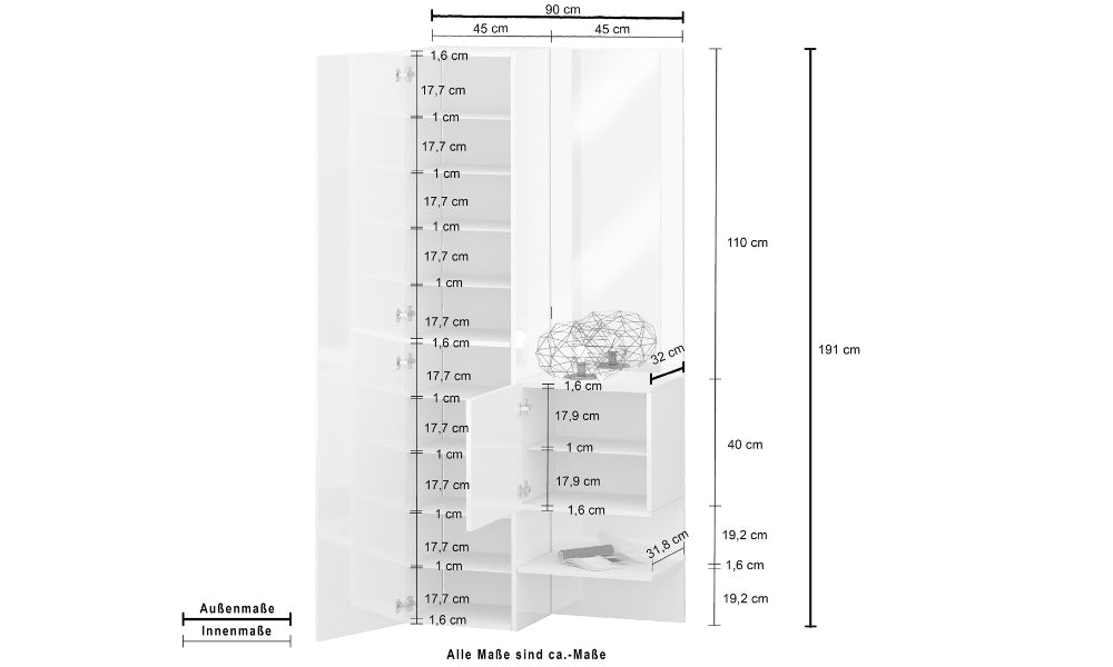 Misure dettagliate del Set Ingresso KOMPACT 90x35x191 cm con 10 ripiani, ideale per organizzare scarpe e accessori in spazi ridotti