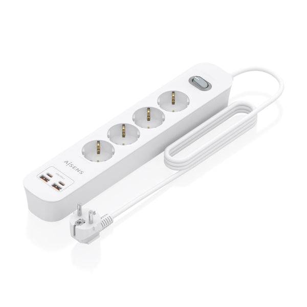 Aisens Ciabatta con 4 Prese Schuko - 2xUSB-C - 2xUSB-A - Cavo da 1.4m - Interruttore con Indicatore LED - Power Delivery - Qualcomm 3.0