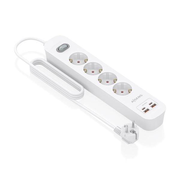 Aisens Ciabatta con 4 Prese Schuko - 2xUSB-C - 2xUSB-A - Cavo da 1.4m - Interruttore con Indicatore LED - Power Delivery - Qualcomm 3.0