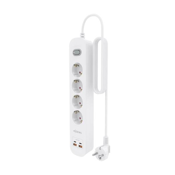 Aisens Ciabatta con 4 Prese Schuko - 2xUSB-C - 2xUSB-A - Cavo da 1.4m - Interruttore con Indicatore LED - Power Delivery - Qualcomm 3.0