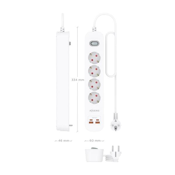 Aisens Ciabatta con 4 Prese Schuko - 2xUSB-C - 2xUSB-A - Cavo da 1.4m - Interruttore con Indicatore LED - Power Delivery - Qualcomm 3.0