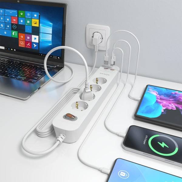 Aisens Ciabatta con 4 Prese Schuko - 2xUSB-C - 2xUSB-A - Cavo da 1.4m - Interruttore con Indicatore LED - Power Delivery - Qualcomm 3.0