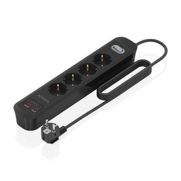 Aisens Ciabatta con 4 Prese Schuko - 2xUSB-C - 2xUSB-A - Cavo da 1.4m - Interruttore con Indicatore LED - Power Delivery - Qualcomm 3.0