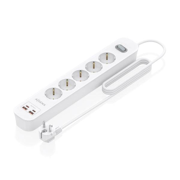 Aisens Ciabatta con 5 Prese Schuko - 2xUSB-C - 2xUSB-A - Cavo 1.4m - Interruttore con Indicatore LED - Power Delivery - Qualcomm 3.0