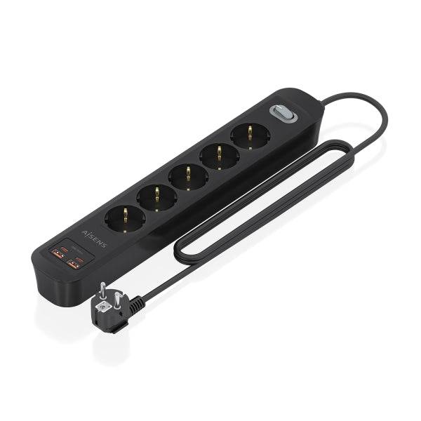 Aisens Ciabatta con 5 Prese Schuko - 2xUSB-C - 2xUSB-A - Cavo 1.4m - Interruttore con Indicatore LED - Power Delivery - Qualcomm 3.0