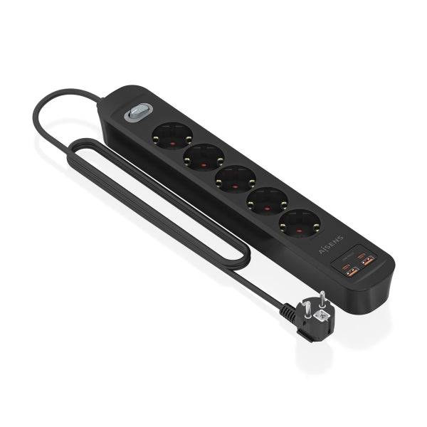 Aisens Ciabatta con 5 Prese Schuko - 2xUSB-C - 2xUSB-A - Cavo 1.4m - Interruttore con Indicatore LED - Power Delivery - Qualcomm 3.0