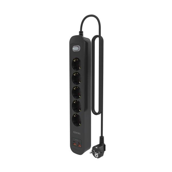 Aisens Ciabatta con 5 Prese Schuko - 2xUSB-C - 2xUSB-A - Cavo 1.4m - Interruttore con Indicatore LED - Power Delivery - Qualcomm 3.0