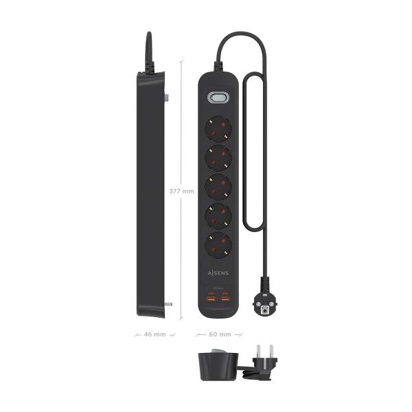 Aisens Ciabatta con 5 Prese Schuko - 2xUSB-C - 2xUSB-A - Cavo 1.4m - Interruttore con Indicatore LED - Power Delivery - Qualcomm 3.0