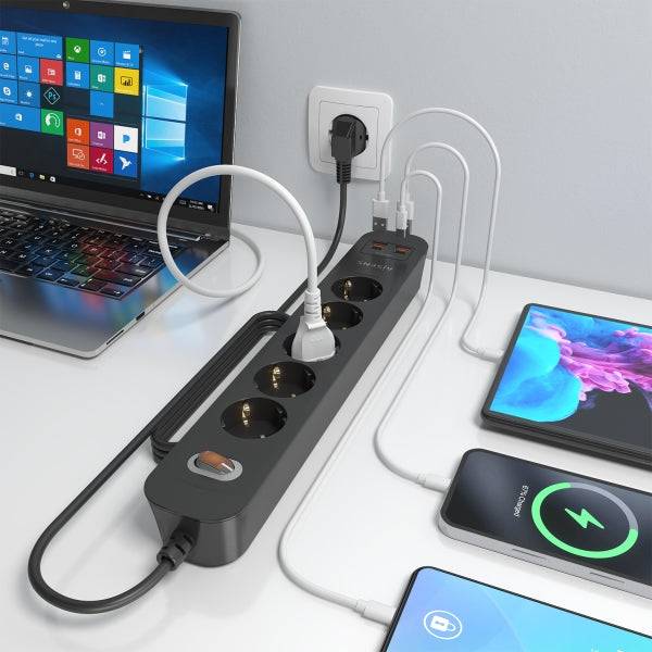 Aisens Ciabatta con 5 Prese Schuko - 2xUSB-C - 2xUSB-A - Cavo 1.4m - Interruttore con Indicatore LED - Power Delivery - Qualcomm 3.0
