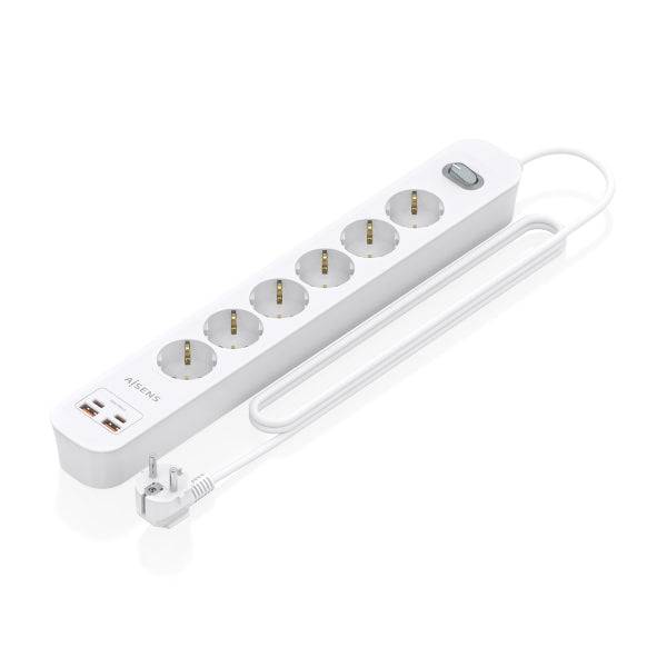 Aisens Ciabatta con 6 Prese Schuko - 2xUSB-C - 2xUSB-A - Cavo 1.4m - Interruttore con Indicatore LED - Power Delivery - Qualcomm 3.0