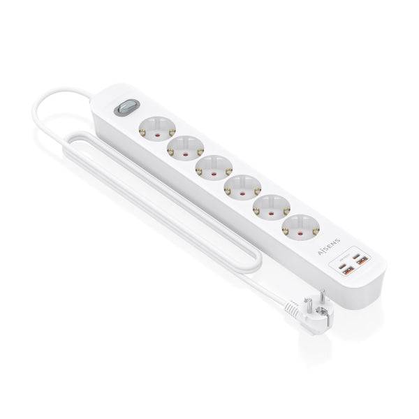 Aisens Ciabatta con 6 Prese Schuko - 2xUSB-C - 2xUSB-A - Cavo 1.4m - Interruttore con Indicatore LED - Power Delivery - Qualcomm 3.0