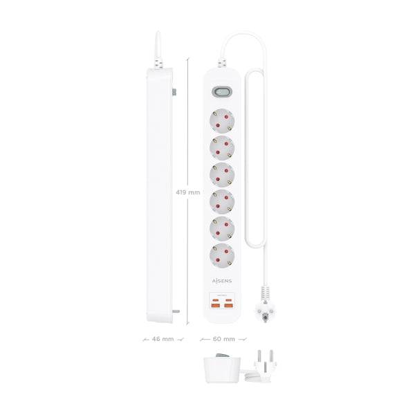 Aisens Ciabatta con 6 Prese Schuko - 2xUSB-C - 2xUSB-A - Cavo 1.4m - Interruttore con Indicatore LED - Power Delivery - Qualcomm 3.0