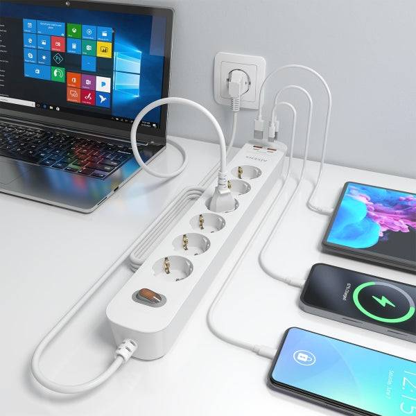Aisens Ciabatta con 6 Prese Schuko - 2xUSB-C - 2xUSB-A - Cavo 1.4m - Interruttore con Indicatore LED - Power Delivery - Qualcomm 3.0