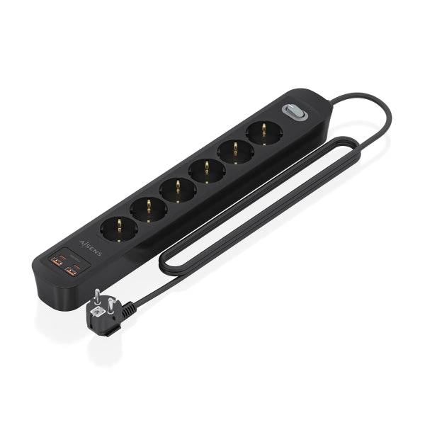 Aisens Ciabatta con 6 Prese Schuko - 2xUSB-C - 2xUSB-A - Cavo 1.4m - Interruttore con Indicatore LED - Power Delivery - Qualcomm 3.0