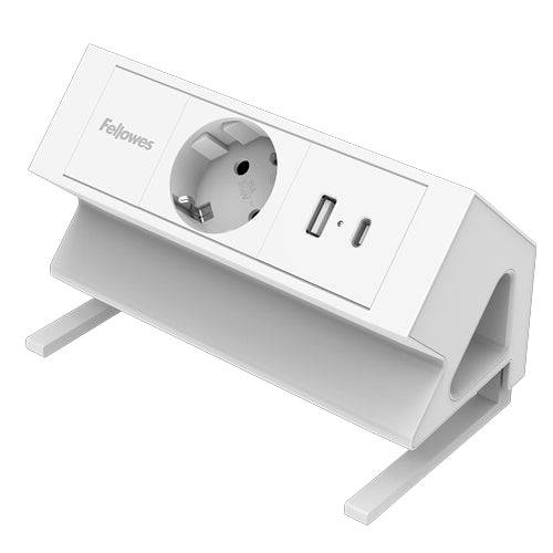 Fellowes Ciabatta da Scrivania 1 Presa - USB-A - USB-C - Cavo 2m - Morsetto per Scrivanie da 10 a 45mm - 15.44x9.7x8.75cm - Colore Bianco