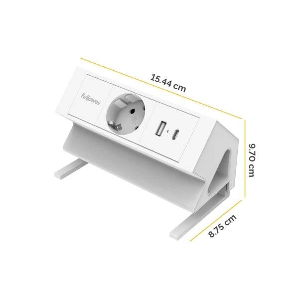 Fellowes Ciabatta da Scrivania 1 Presa - USB-A - USB-C - Cavo 2m - Morsetto per Scrivanie da 10 a 45mm - 15.44x9.7x8.75cm - Colore Bianco