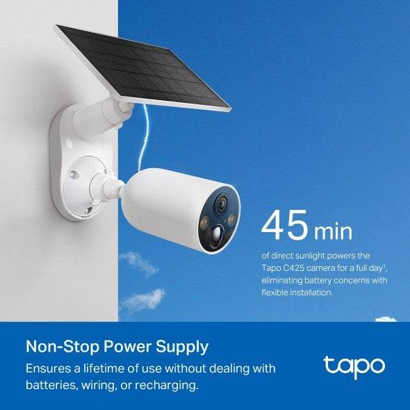 TP-Link Tapo C425 KIT Videocamera di Sicurezza - 2K QHD - Rilevamento IA - Batteria 10Ah - Luce LED - Pannello Solare - Visione Notturna - WiFi - Audio Bidirezionale - Risoluzione 4Mpx - Colore Bianco e Nero