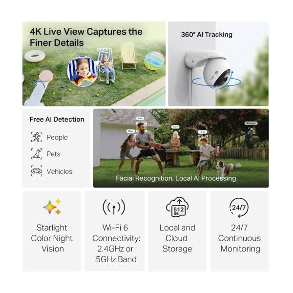 TP-Link Tapo TC46 Telecamera di Sicurezza per Esterno - IP66 - WiFi - Ethernet - Risoluzione 8Mpx - Visione Notturna - Audio Bidirezionale - Colore Bianco e Nero