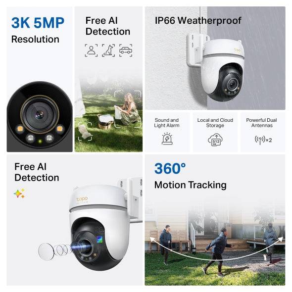 TP-Link Tapo TC43 Telecamera di Sicurezza Esterna - Rilevamento IA - WiFi - RJ45 - Risoluzione 5Mpx - Visione Notturna - Audio Bidirezionale - Cancellazione del Rumore - Colore Bianco e Nero