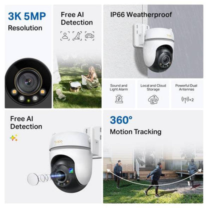 TP-Link Tapo TC43 Telecamera di Sicurezza Esterna - Rilevamento IA - WiFi - RJ45 - Risoluzione 5Mpx - Visione Notturna - Audio Bidirezionale - Cancellazione del Rumore - Colore Bianco e Nero