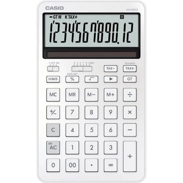 Casio JW-200DQ Calcolatrice da Tavolo Compatta con Display LCD 12 Cifre - Calcolo Imposte, Percentuali, Radice Quadrata ecc... - Alimentazione Solare e Batterie - Colore Bianco