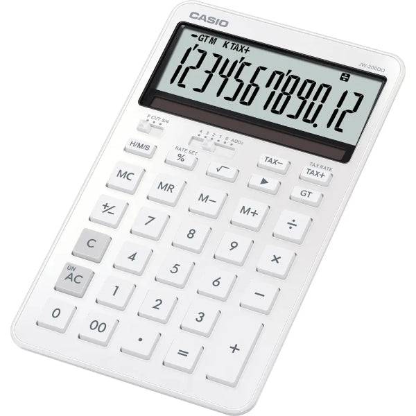 Casio JW-200DQ Calcolatrice da Tavolo Compatta con Display LCD 12 Cifre - Calcolo Imposte, Percentuali, Radice Quadrata ecc... - Alimentazione Solare e Batterie - Colore Bianco