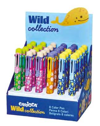 Carioca Wild Collection Espositore con 30 Penne Sfera 8 Colori - Punta 1mm - Divertenti Disegni di Animali - Clip di Fissaggio