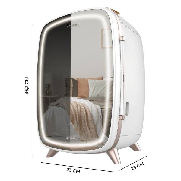 Cecotec CoolingBeauty 6000 Mirror Frigorifero Cosmetici con Specchio - 6L - Luce LED 3 Intensità - Silenzioso - Raffreddamento fino a 10ºC - Maniglia Superiore - Bianco e Rosa