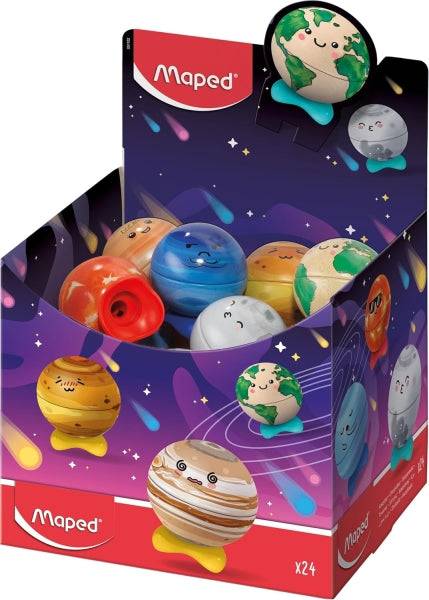 Maped Planetas Espositore con 24 Temperamatite Metallico 1 Foro con Serbatoio - Divertenti Disegni di Pianeti - Collezionabili
