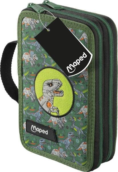 Maped Dinosauro Astuccio 2 Piani 38 Articoli: Gomma, Temperamatite, Matita Grafite HB, 2 Penne, Righello, 18 Matite Colorate, 12 Pennarelli, Forbici e Evidenziatore
