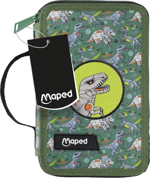 Maped Dinosauro Astuccio 2 Piani 38 Articoli: Gomma, Temperamatite, Matita Grafite HB, 2 Penne, Righello, 18 Matite Colorate, 12 Pennarelli, Forbici e Evidenziatore