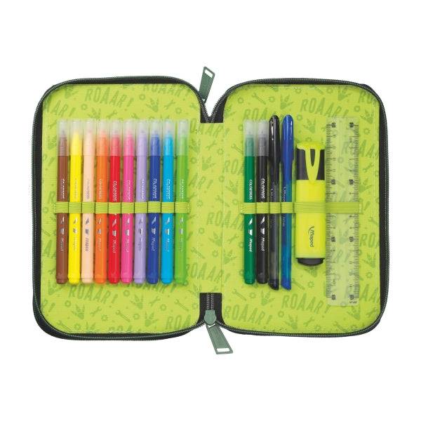 Maped Dinosauro Astuccio 2 Piani 38 Articoli: Gomma, Temperamatite, Matita Grafite HB, 2 Penne, Righello, 18 Matite Colorate, 12 Pennarelli, Forbici e Evidenziatore