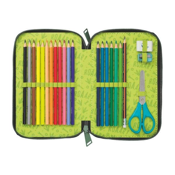 Maped Dinosauro Astuccio 2 Piani 38 Articoli: Gomma, Temperamatite, Matita Grafite HB, 2 Penne, Righello, 18 Matite Colorate, 12 Pennarelli, Forbici e Evidenziatore