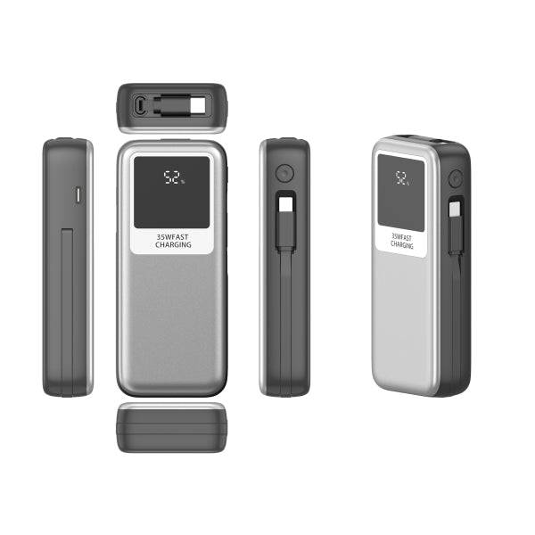 Leotec Powerbank 10.000 mAh - Ricarica Rapida 35W - Cavo USB Retrattile - Colore Argento