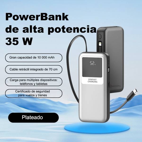 Leotec Powerbank 10.000 mAh - Ricarica Rapida 35W - Cavo USB Retrattile - Colore Argento