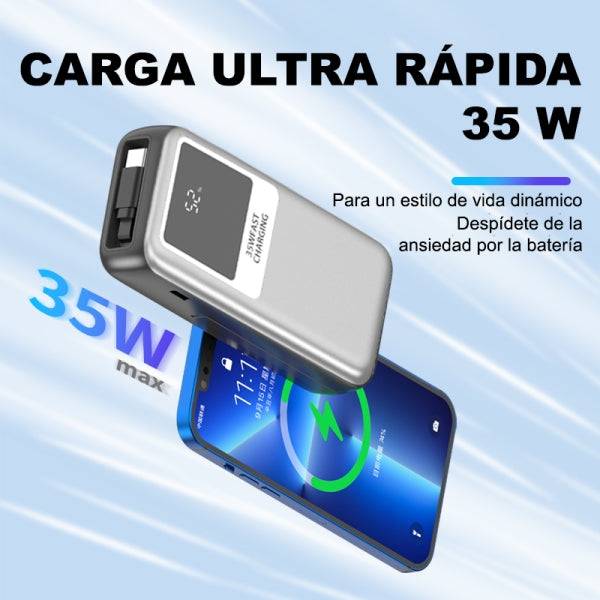Leotec Powerbank 10.000 mAh - Ricarica Rapida 35W - Cavo USB Retrattile - Colore Argento