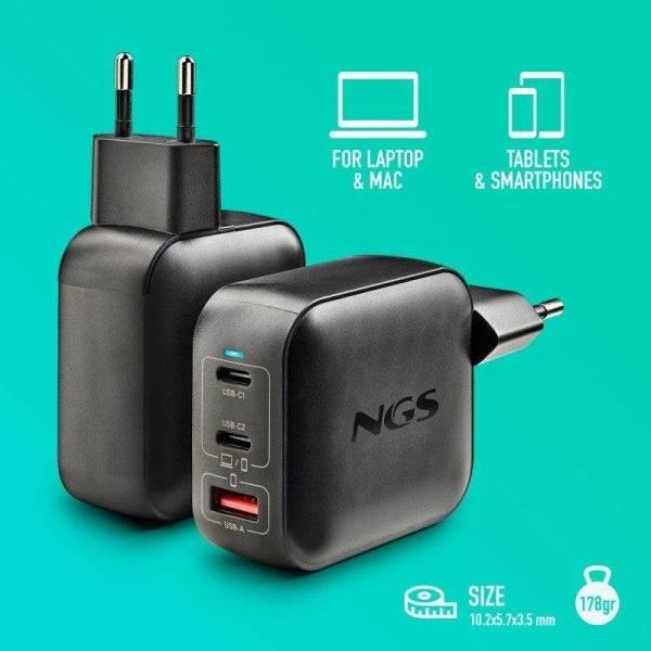 NGS Bud Tiny Caricabatterie GaN Universale a Parete 100W Ultrarapido - 2x USB-C PD & PPS, 1x USB-A QC 3.0 - Colore Nero