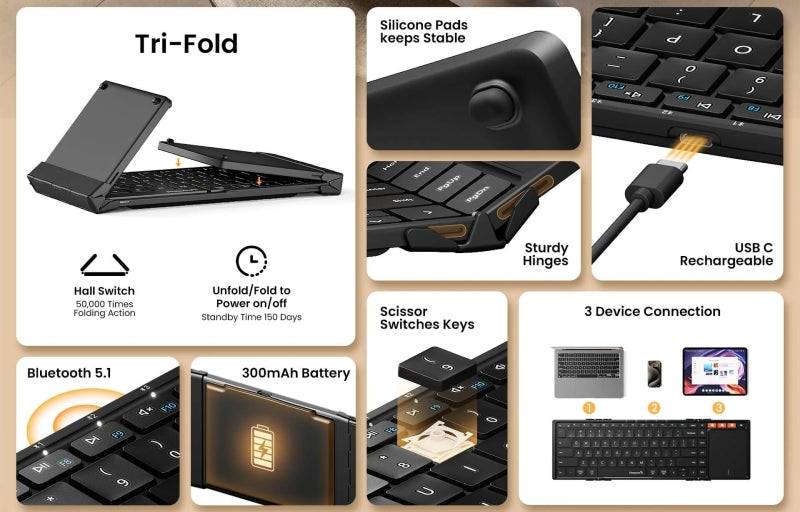 ProtoArc XK01-TP Tastiera Portatile Pieghevole a Triplo - Bluetooth - Con Touchpad - Connessione fino a 3 Dispositivi - Colore Nero