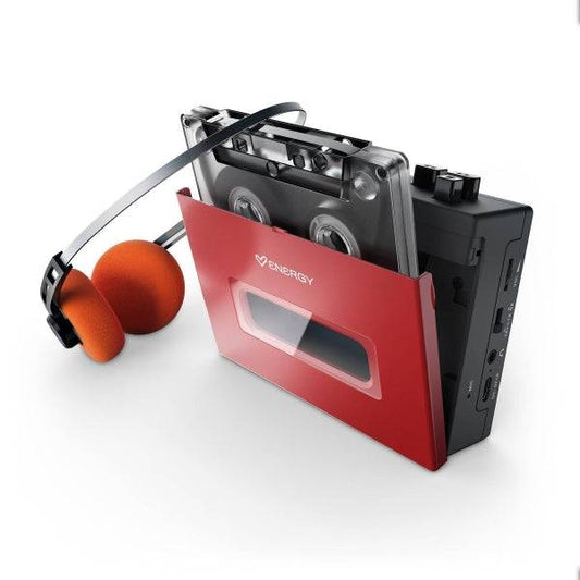 Energy Sistem Portable Cassette Player Lettore Cassette - Bluetooth - Cuffie Retrò Incluse - Microfono per Registrazione Vocale - Batteria 1200mAh - USB-C - Colore Rosso