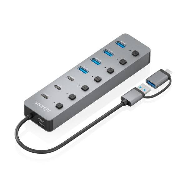 Aisens Hub USB 3.1 Gen1 USB-A/USB-C - 4xUSB-A e 4xUSB-C - Pulsanti Accensione/Spegnimento su Ogni Porta - 30cm - Colore Grigio