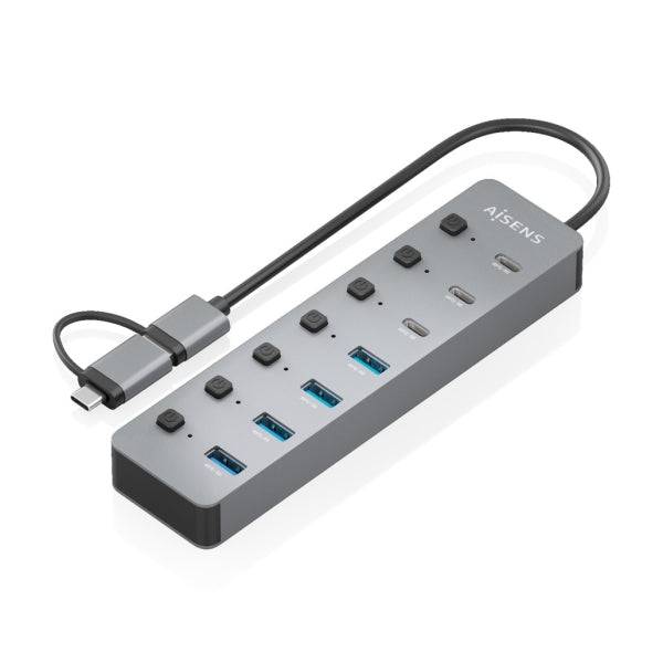 Aisens Hub USB 3.1 Gen1 USB-A/USB-C - 4xUSB-A e 4xUSB-C - Pulsanti Accensione/Spegnimento su Ogni Porta - 30cm - Colore Grigio