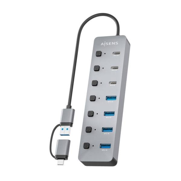 Aisens Hub USB 3.1 Gen1 USB-A/USB-C - 4xUSB-A e 4xUSB-C - Pulsanti Accensione/Spegnimento su Ogni Porta - 30cm - Colore Grigio