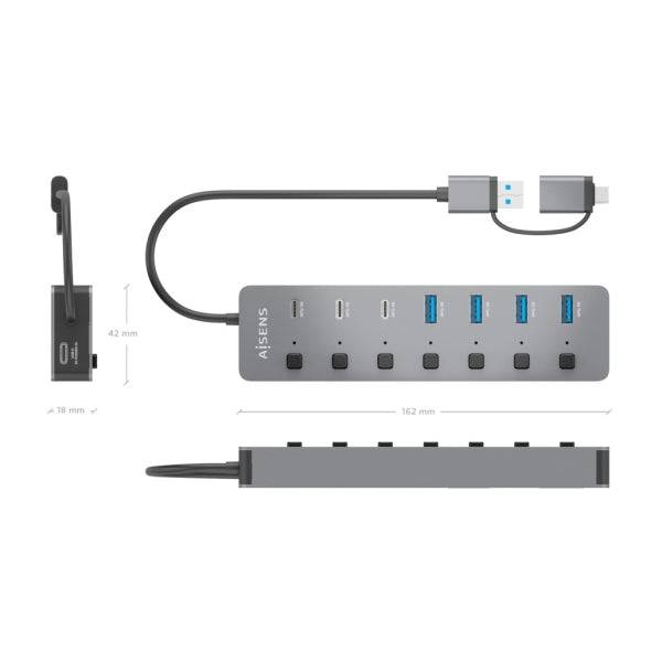 Aisens Hub USB 3.1 Gen1 USB-A/USB-C - 4xUSB-A e 4xUSB-C - Pulsanti Accensione/Spegnimento su Ogni Porta - 30cm - Colore Grigio