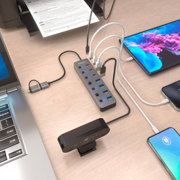 Aisens Hub USB 3.1 Gen1 USB-A/USB-C - 4xUSB-A e 4xUSB-C - Pulsanti Accensione/Spegnimento su Ogni Porta - 30cm - Colore Grigio