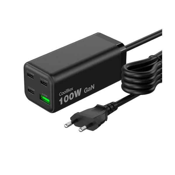 CoolBox Caricabatterie GAN 100W Chargemaster 4 PRO - 3xUSB-C - 1xUSB-A - Ricarica Rapida 3.0 - Power Delivery - Cavo 1.5 Metri - Colore Nero