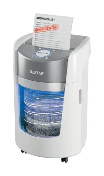 Leitz IQ OptiMax Home Office 350 Distruggidocumenti Manuale DIN P5 - Distrugge fino a 8 Fogli - Tempo di Funzionamento Continuo 20m - Vaschetta 22L con Tecnologia di Rotazione - Colore Bianco/Grigio