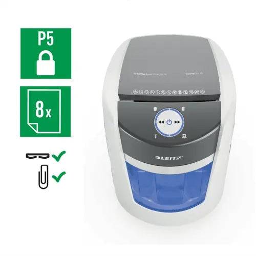 Leitz IQ OptiMax Home Office 350 Distruggidocumenti Manuale DIN P5 - Distrugge fino a 8 Fogli - Tempo di Funzionamento Continuo 20m - Vaschetta 22L con Tecnologia di Rotazione - Colore Bianco/Grigio