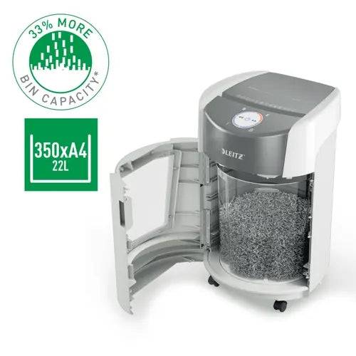 Leitz IQ OptiMax Home Office 350 Distruggidocumenti Manuale DIN P5 - Distrugge fino a 8 Fogli - Tempo di Funzionamento Continuo 20m - Vaschetta 22L con Tecnologia di Rotazione - Colore Bianco/Grigio