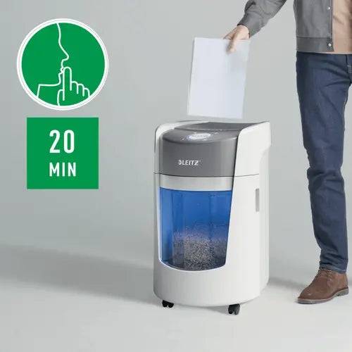 Leitz IQ OptiMax Home Office 350 Distruggidocumenti Manuale DIN P5 - Distrugge fino a 8 Fogli - Tempo di Funzionamento Continuo 20m - Vaschetta 22L con Tecnologia di Rotazione - Colore Bianco/Grigio