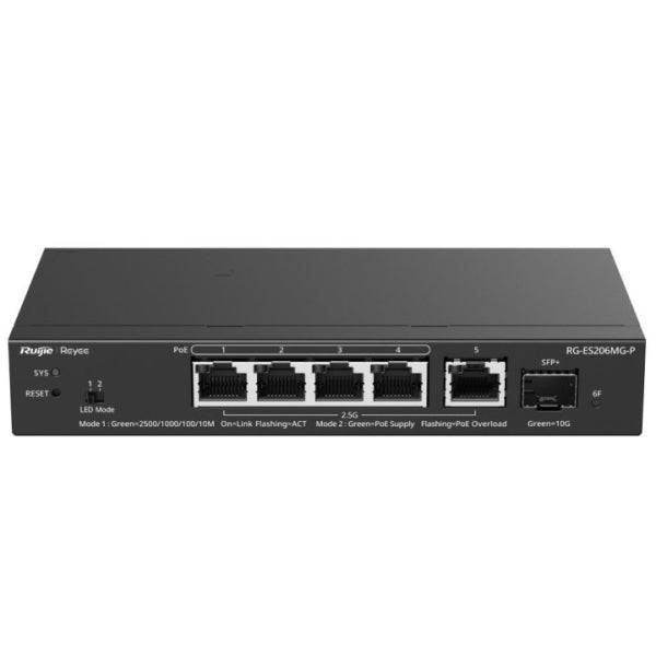 Ruijie RG-ES206MG-P Switch - 5 Puertos Ethernet hasta 2.5Gbps - 1x SFP+ hasta 10Gbps - PoE/PoE+ hasta 70W - Gestionado en la Nube - Colore Nero